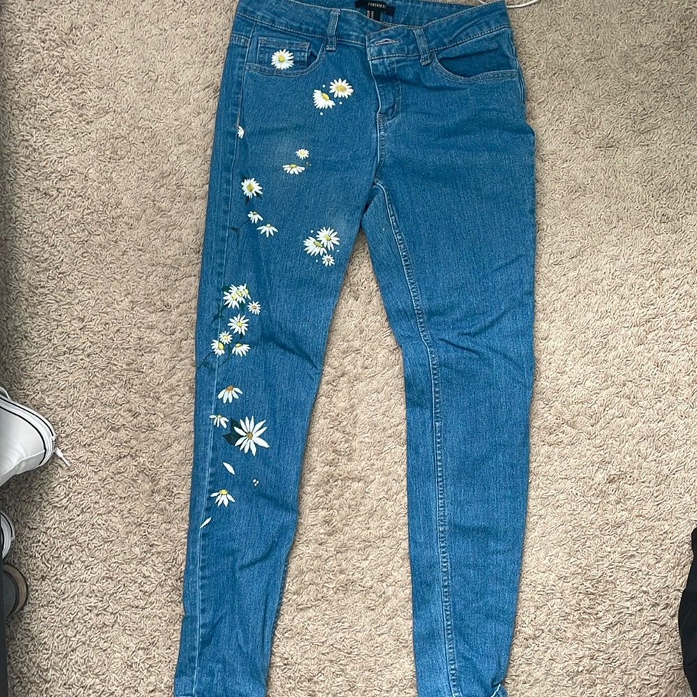 Hand painted floral daisy skinny jeans
